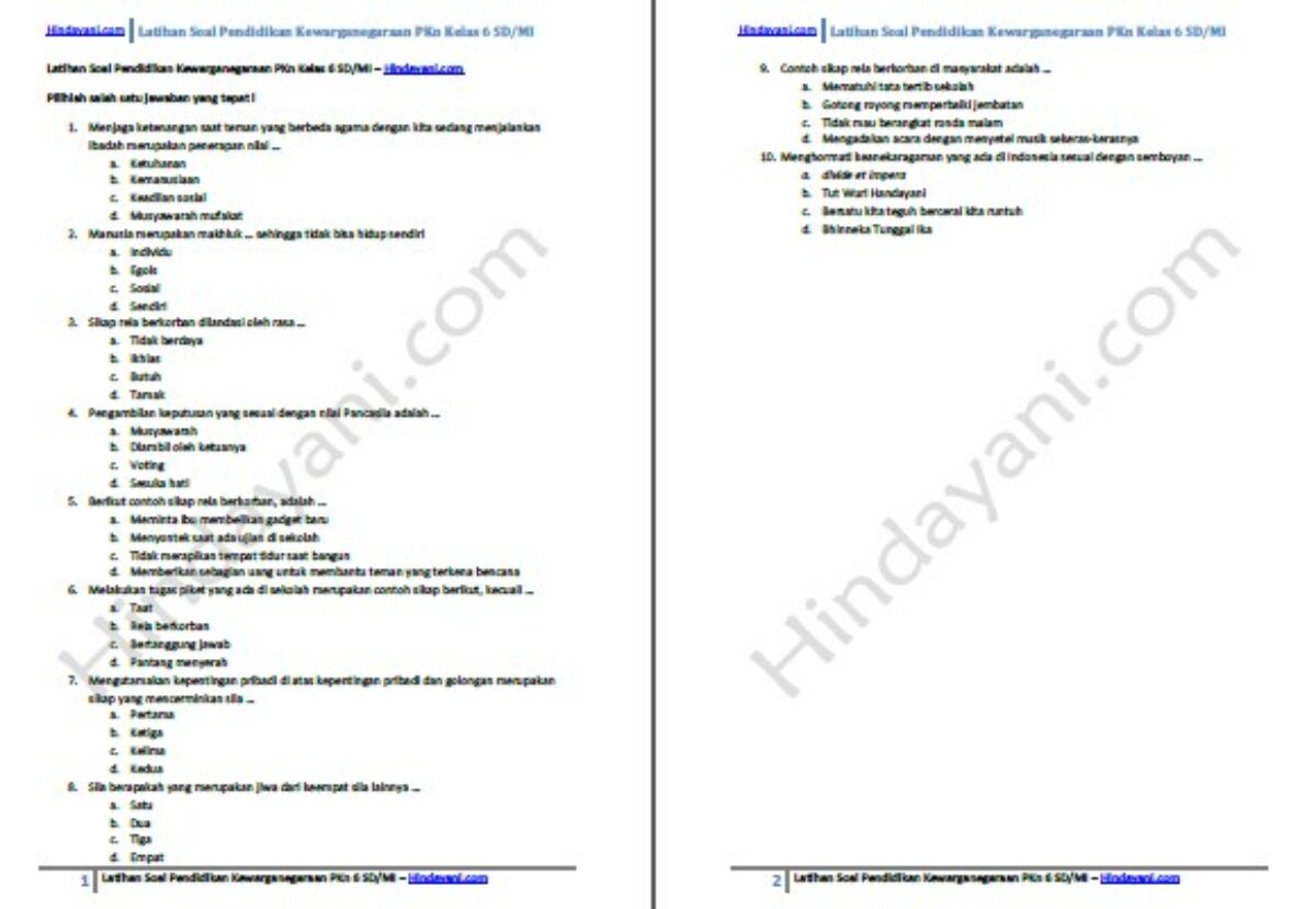 Rangkuman Materi Contoh Soal Ulangan Pkn 6 Sd