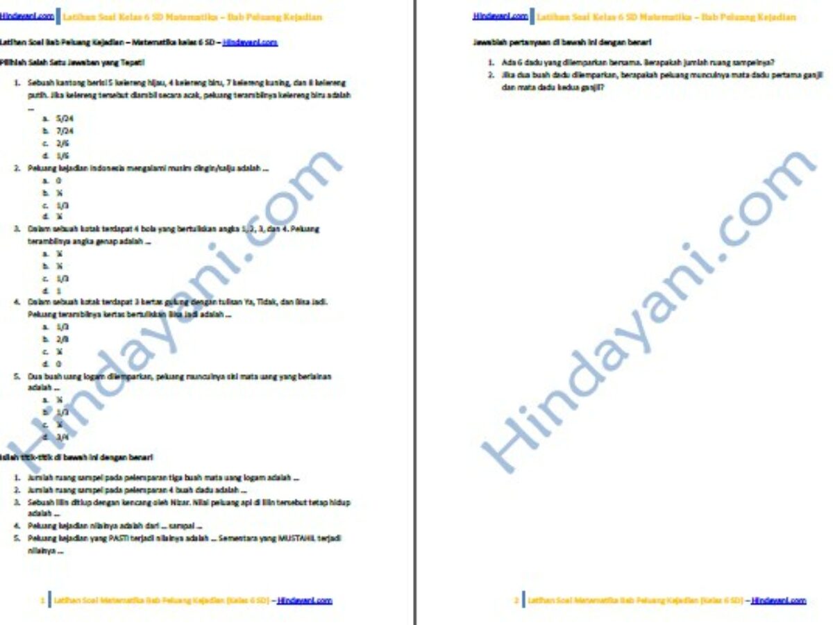 Latihan Soal Matematika Kelas 6 Sd Bab Peluang Kejadian