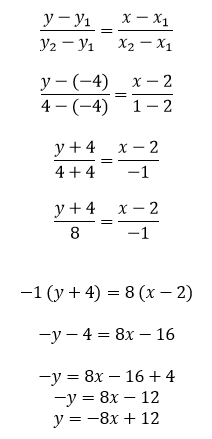 Persamaan garis lurus yang melalui dua titik (2, -4) dan (1, 4)